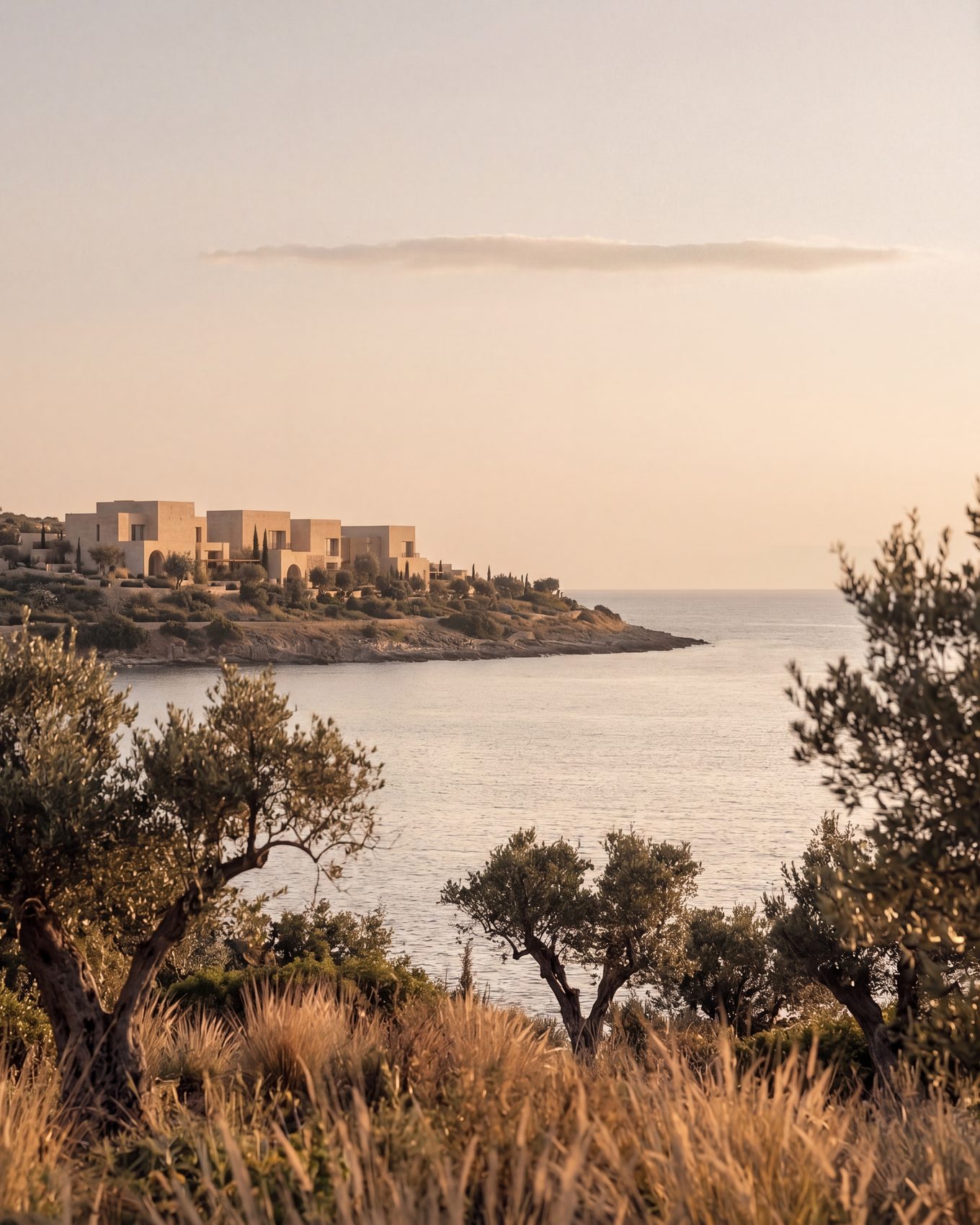The villa cluster on the headland, photographed from across the bay at sunset, with olive trees in the foreground