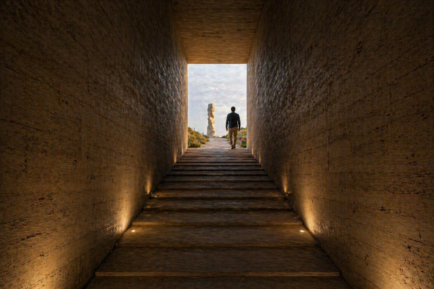 the return — the ascent passage back to the surface, vertical sculpture at the threshold