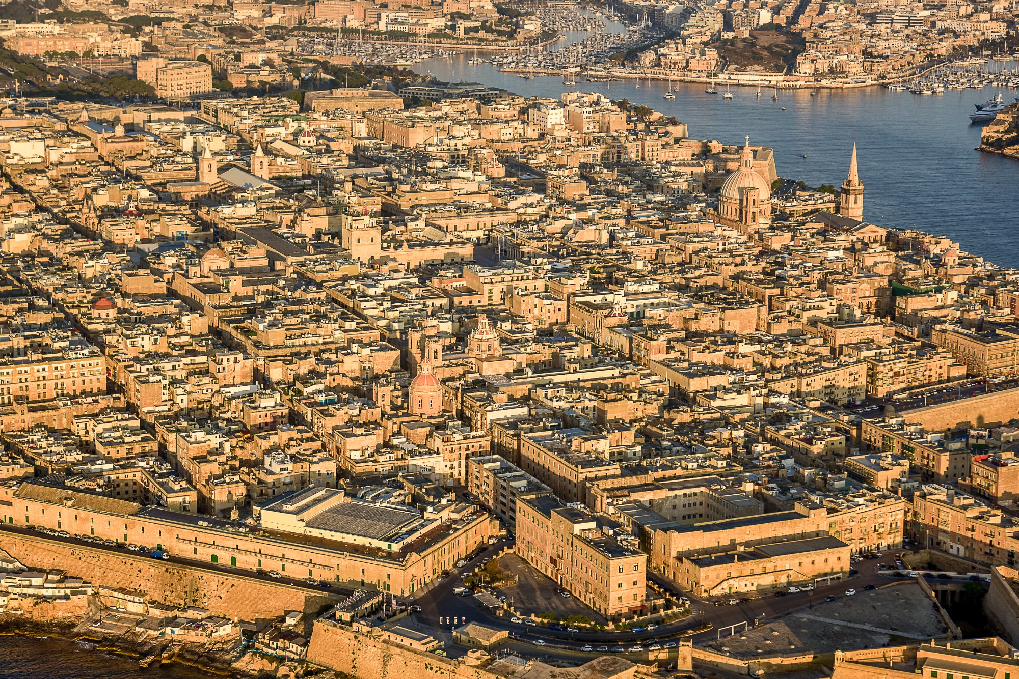 Valletta from above — the limestone grid, the harbours
