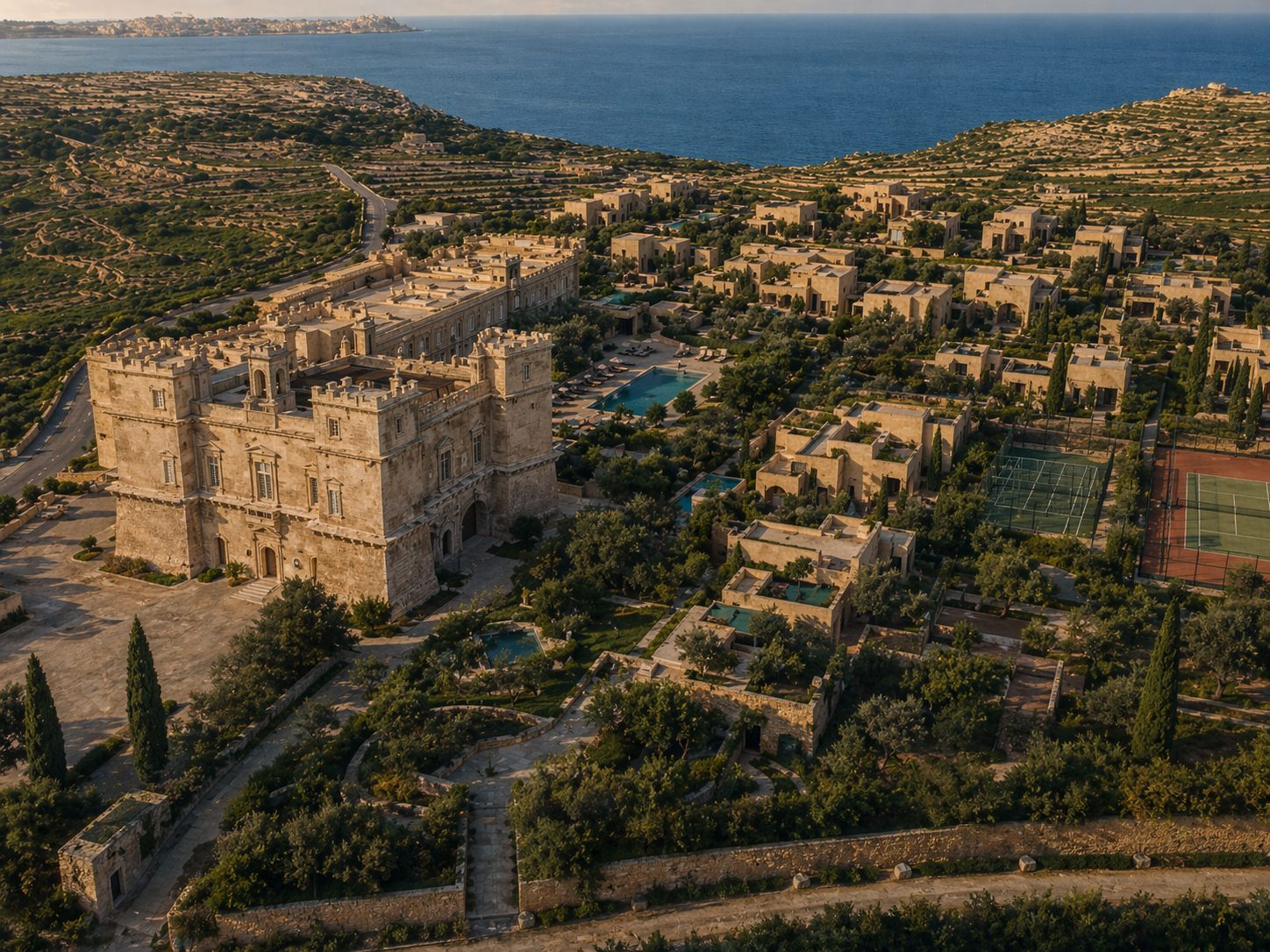 Aerial render of the proposed Selmun Palace Estate, with the palace at the centre of a low-density villa cluster on the lower terraces