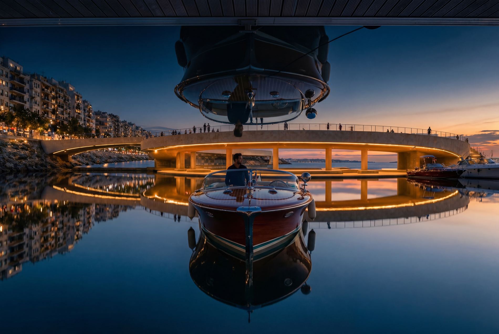 Boat docking under the loop at dusk, the lower piazza visible