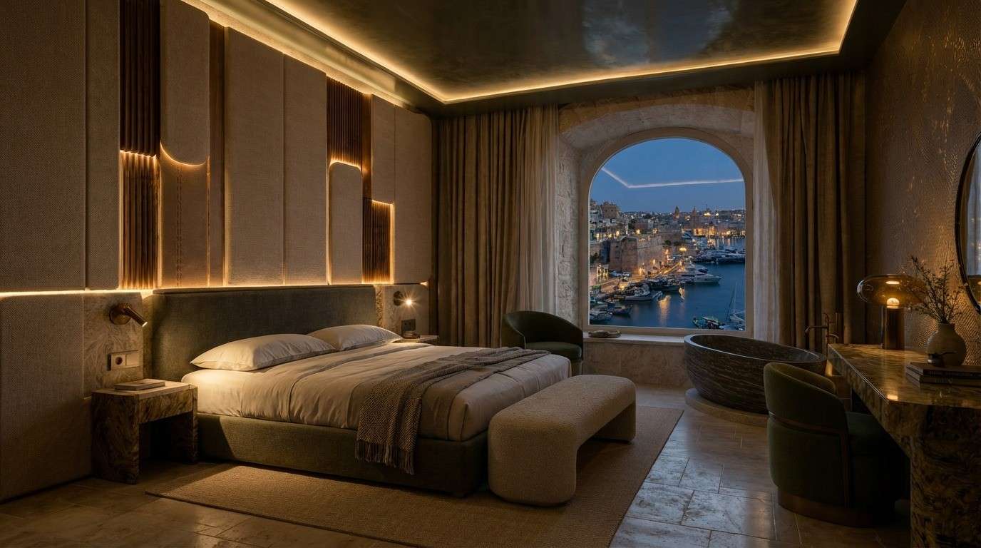 The suite at night — harbour lit, city visible