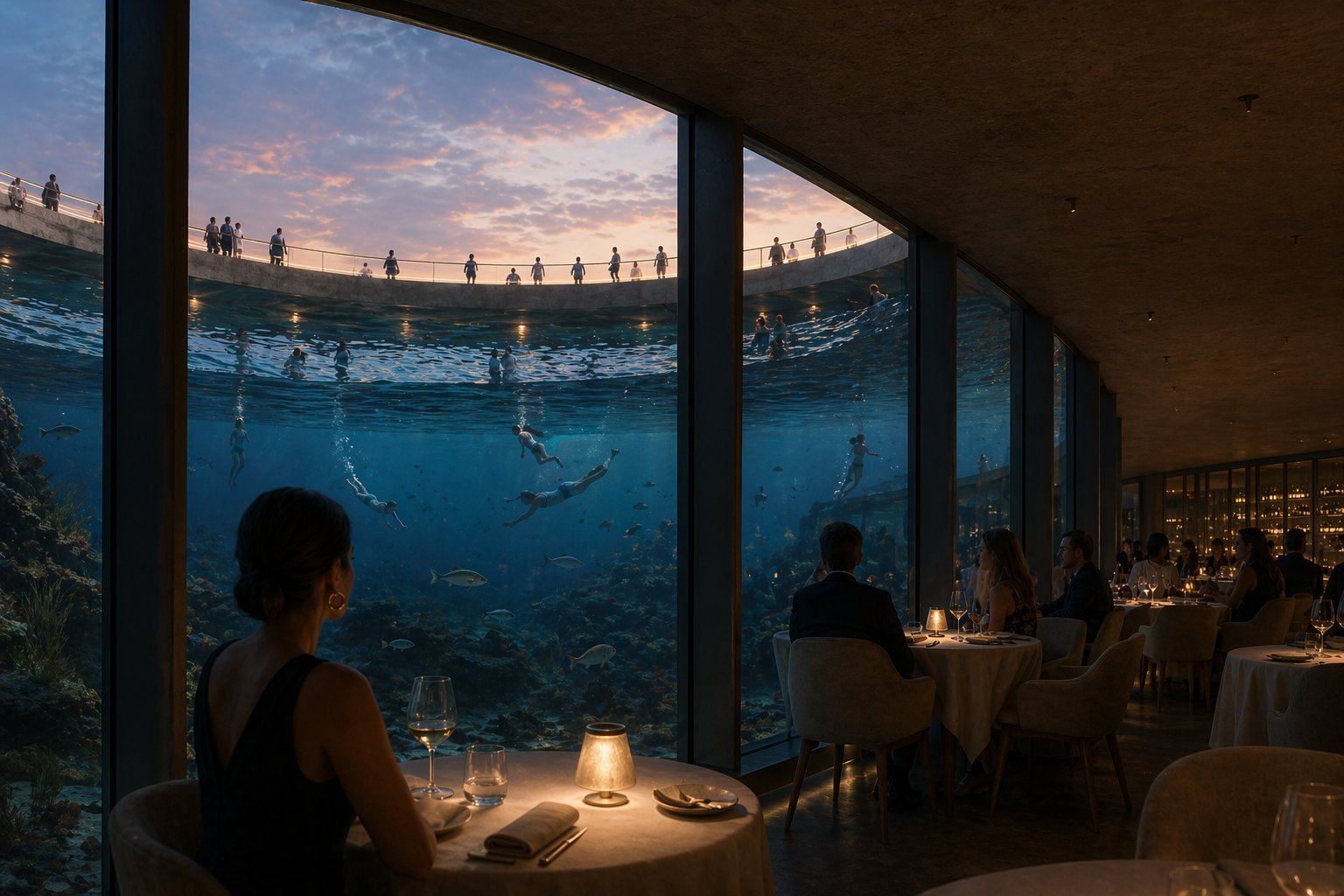 The dining hall at dusk, swimmers visible through the curved glass