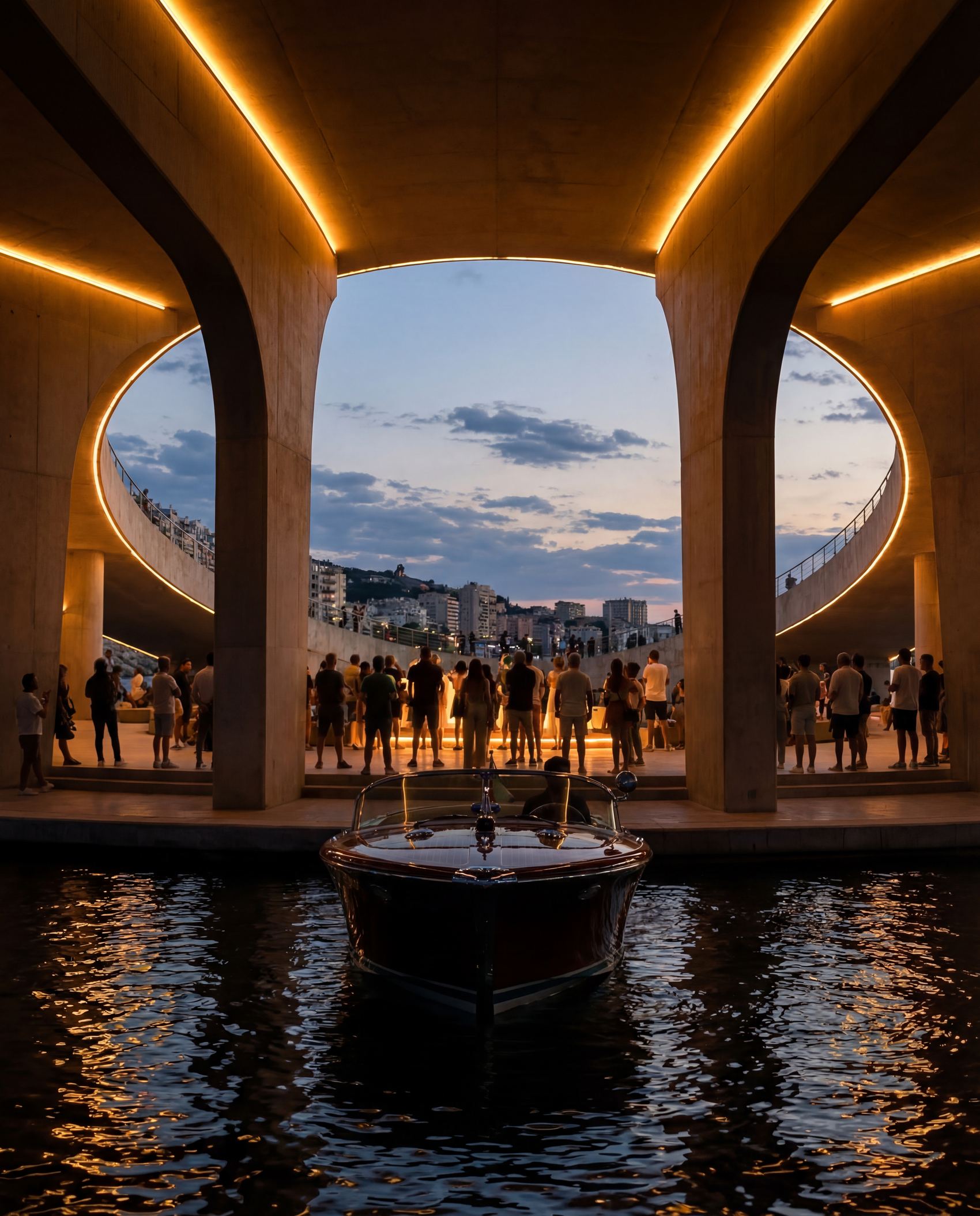 The vault under the loop at dusk, with people on the lower piazza and a boat arriving