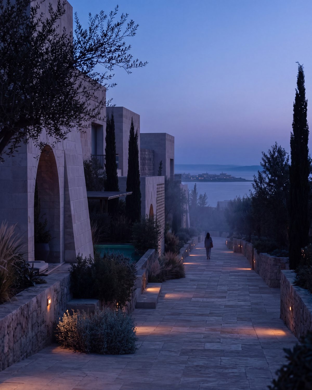 The path through the villa cluster at dusk, lit at ground level, with the bay visible in the distance