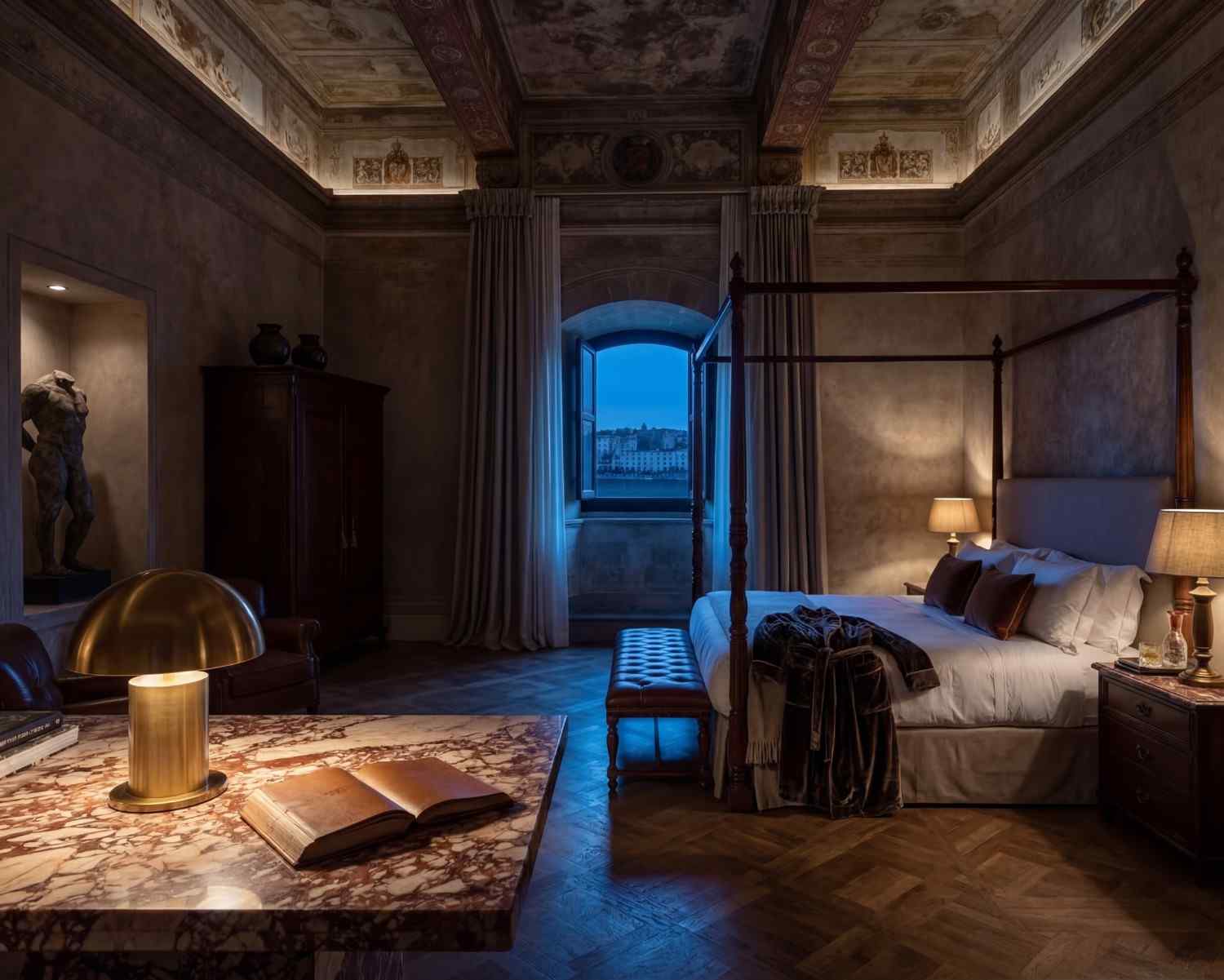 The suite at blue hour — open window, harbour light