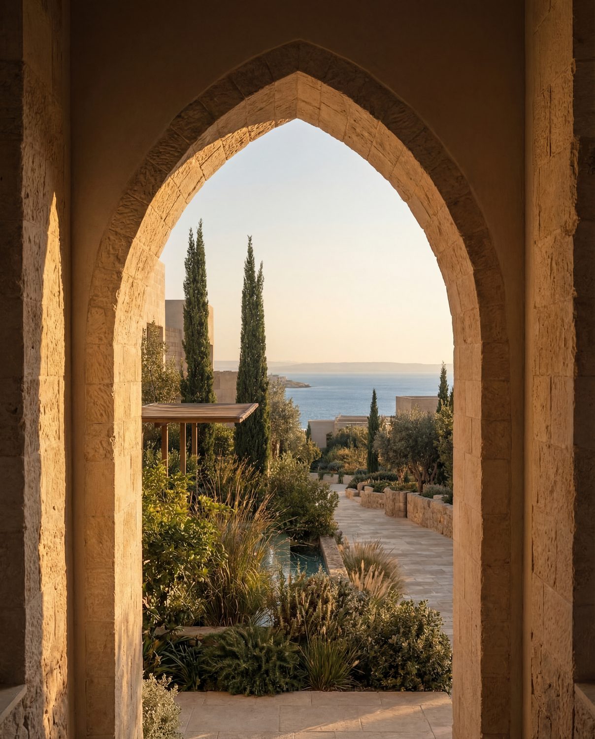 A view through a pointed-arch opening to cypresses, garden and the sea beyond