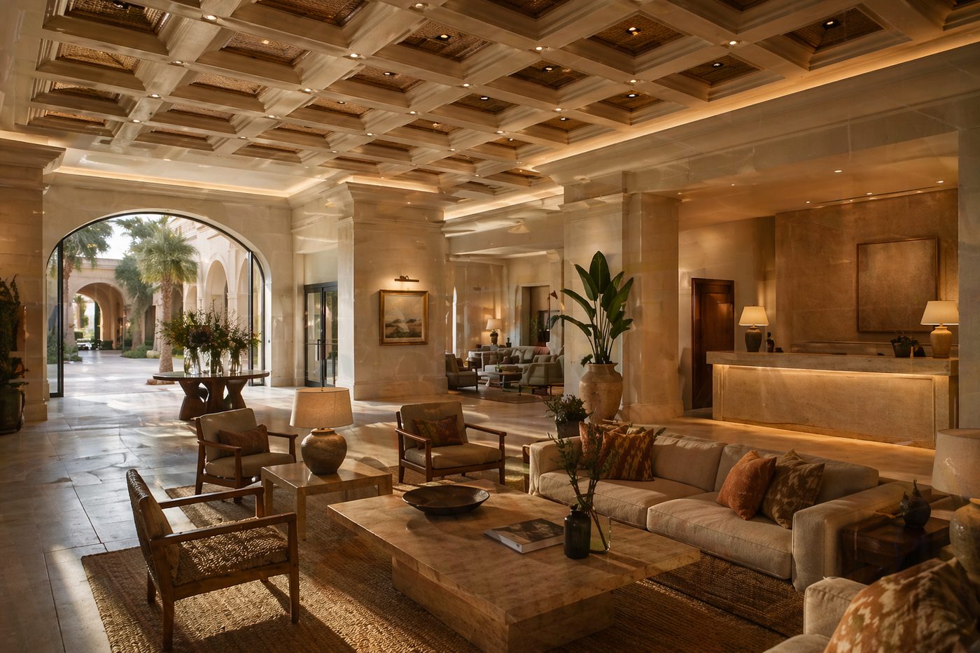The principal salon, restored, lit by deep windows