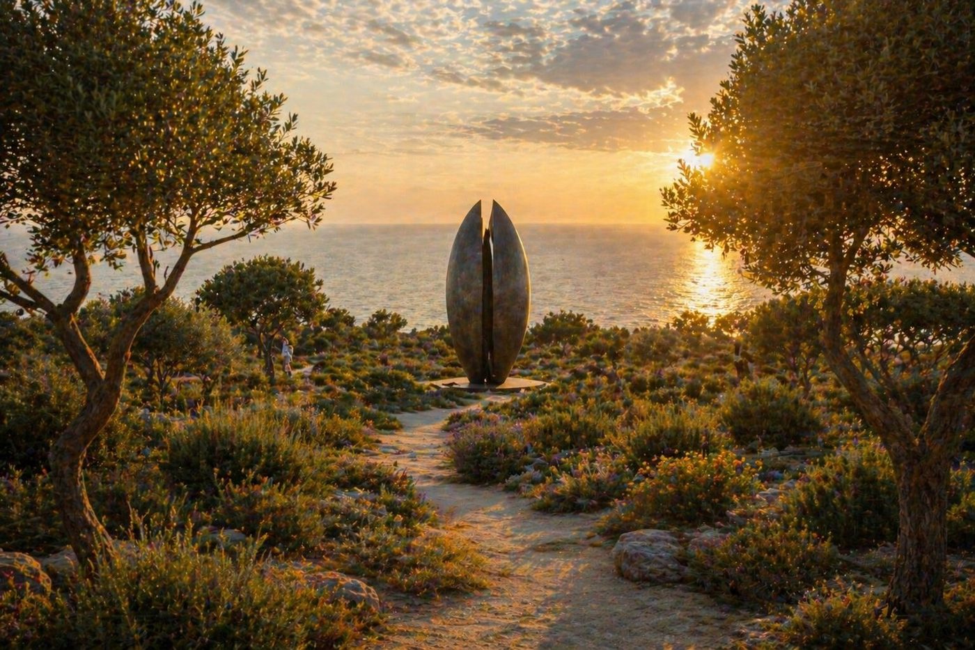 single sculpture among olives at sunset