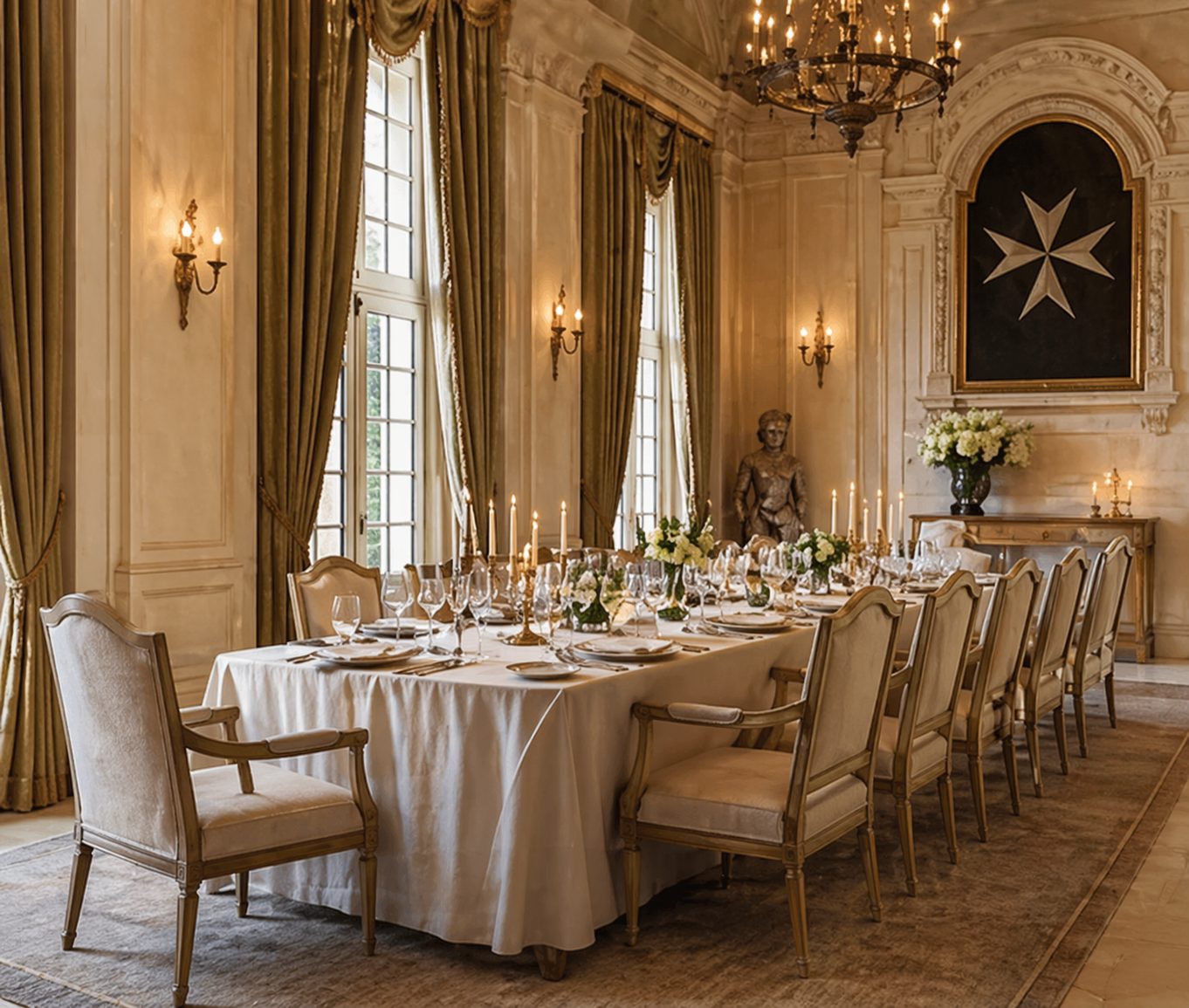 The formal dining hall, with the eight-pointed Maltese cross retained on the floor