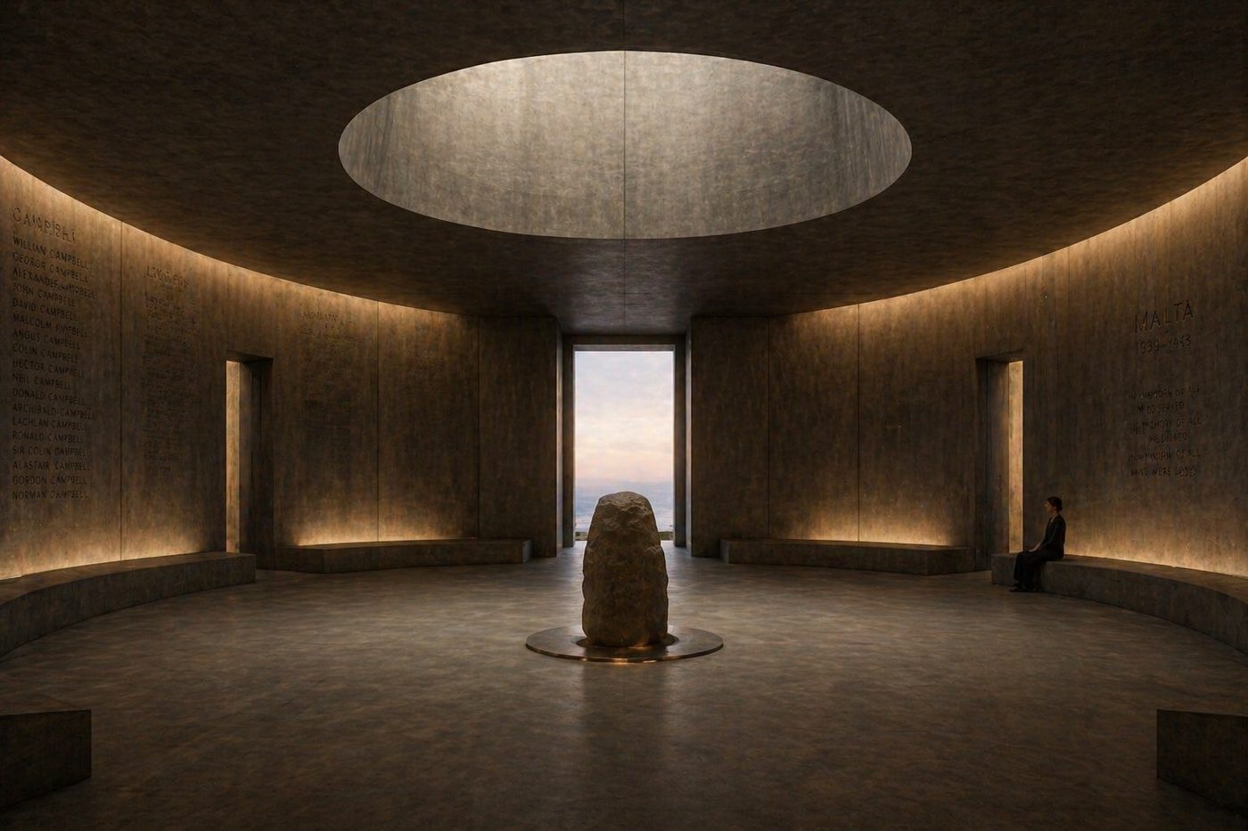 the memory chamber — circular oculus, names of the campbell soldiers carved on the walls, a maltese megalithic stone at the centre