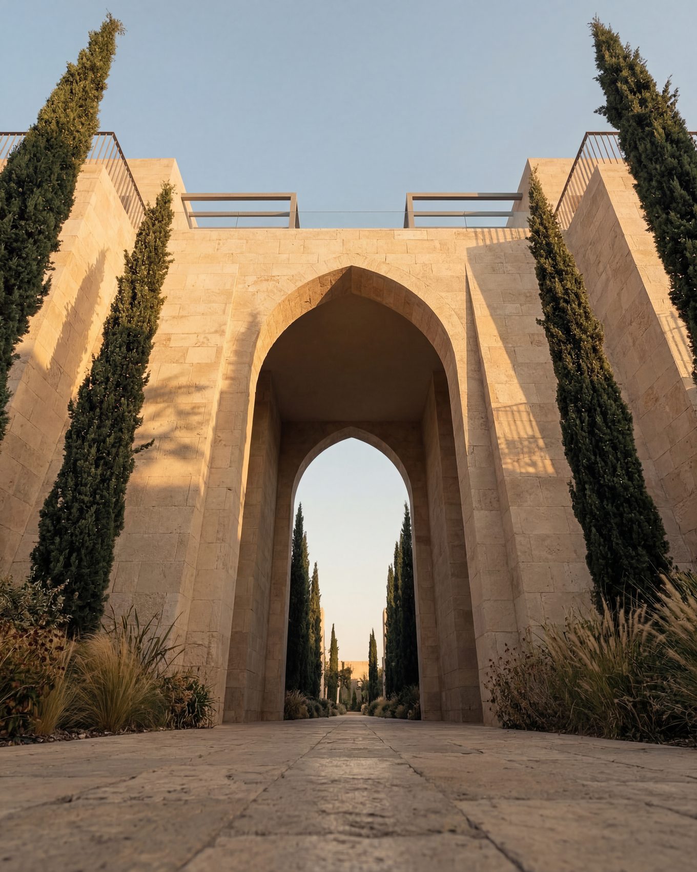 The pointed-arch processional gate at the entrance of the estate, flanked by cypresses