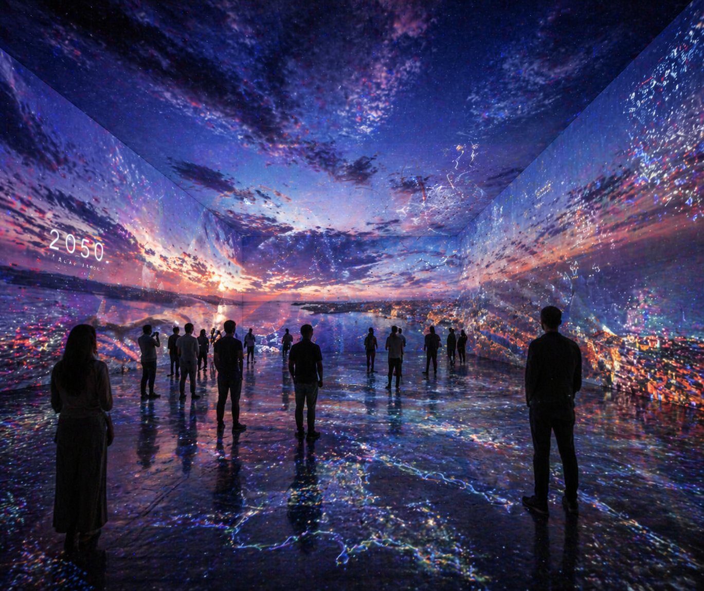 The future hall — projection chamber atmosphere, visitors silhouetted against immersive surfaces
