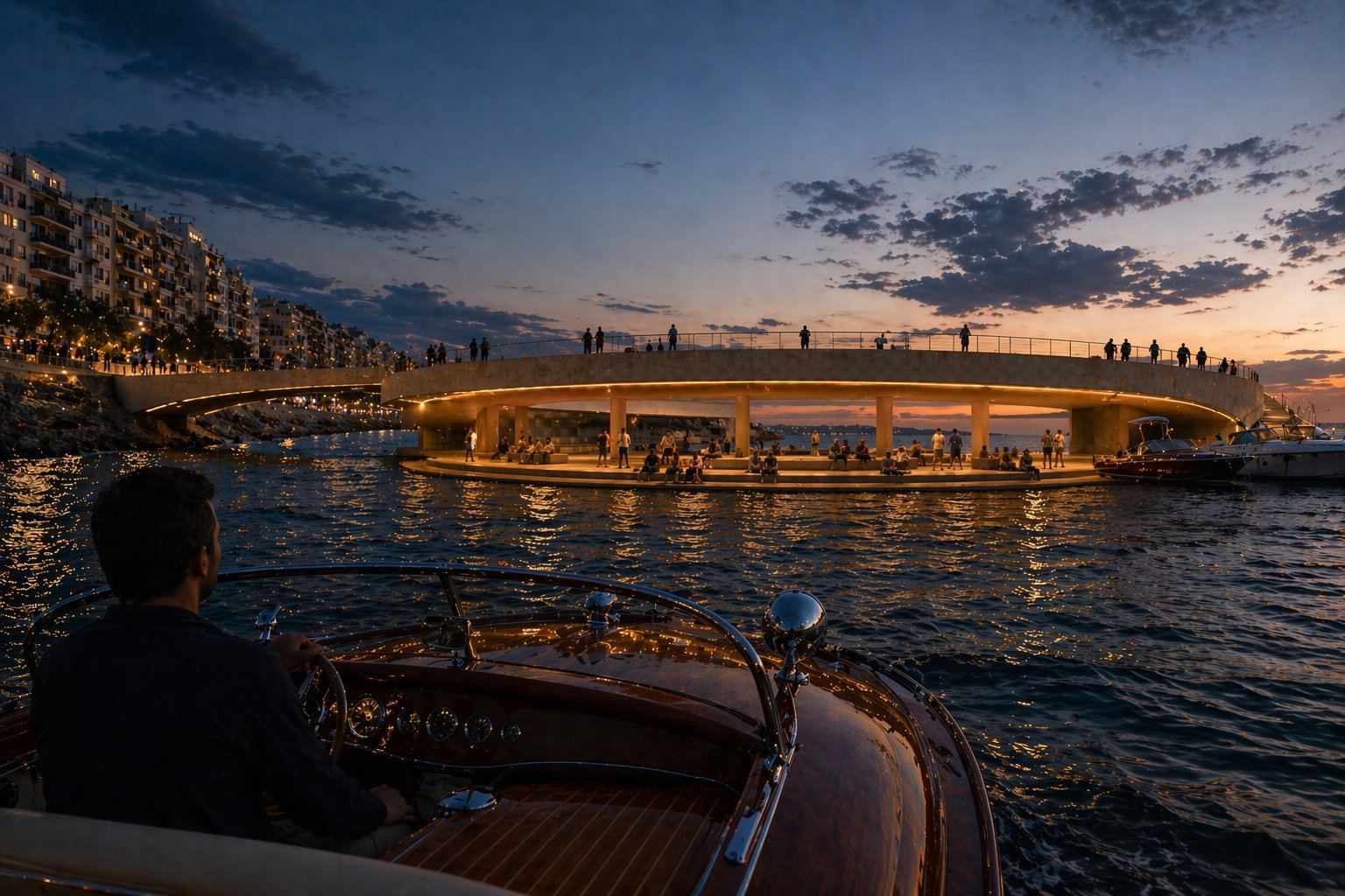 The lower piazza at dusk, viewed from a small boat