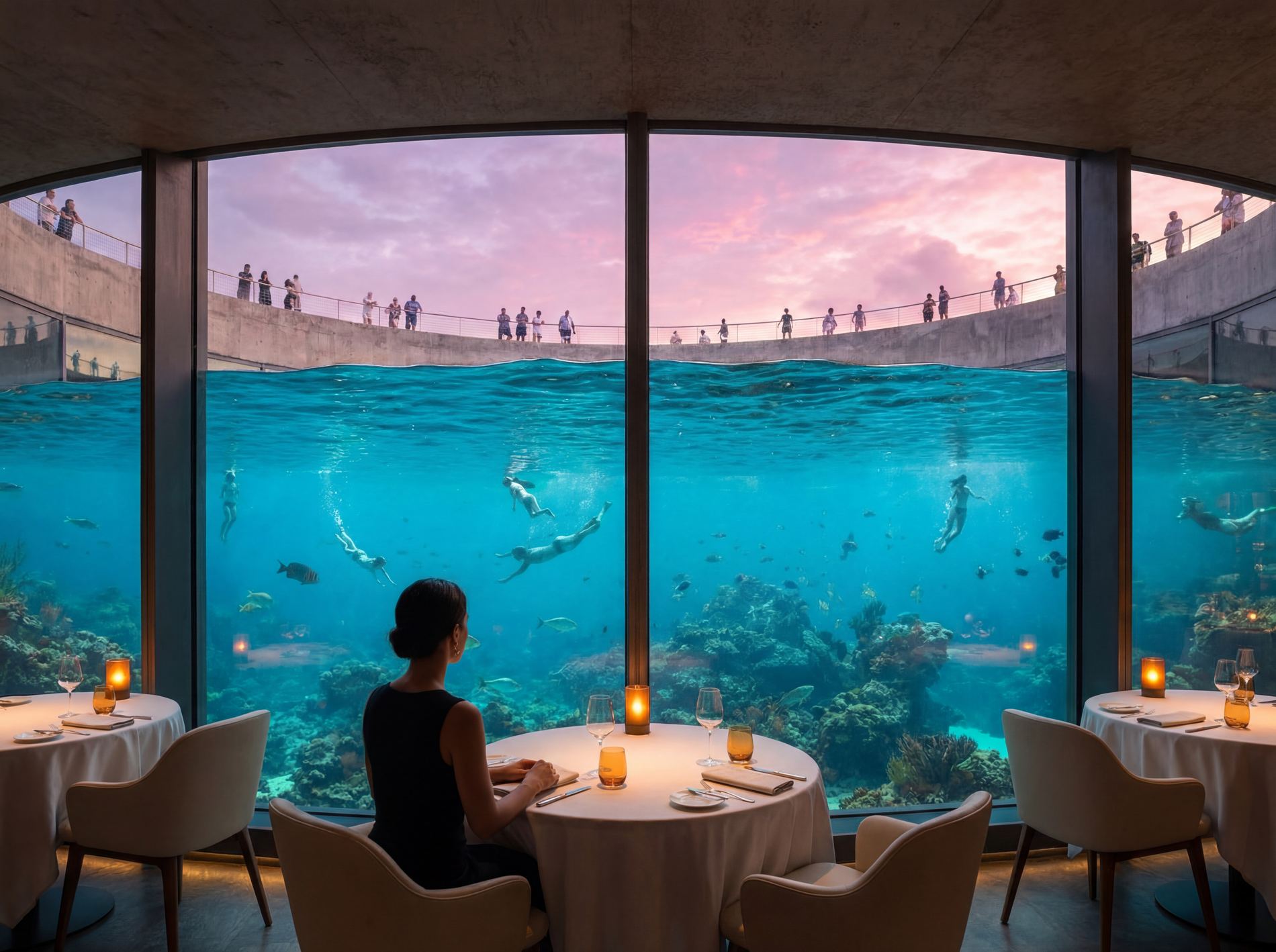 The underwater dining hall at dusk, swimmers visible above the surface