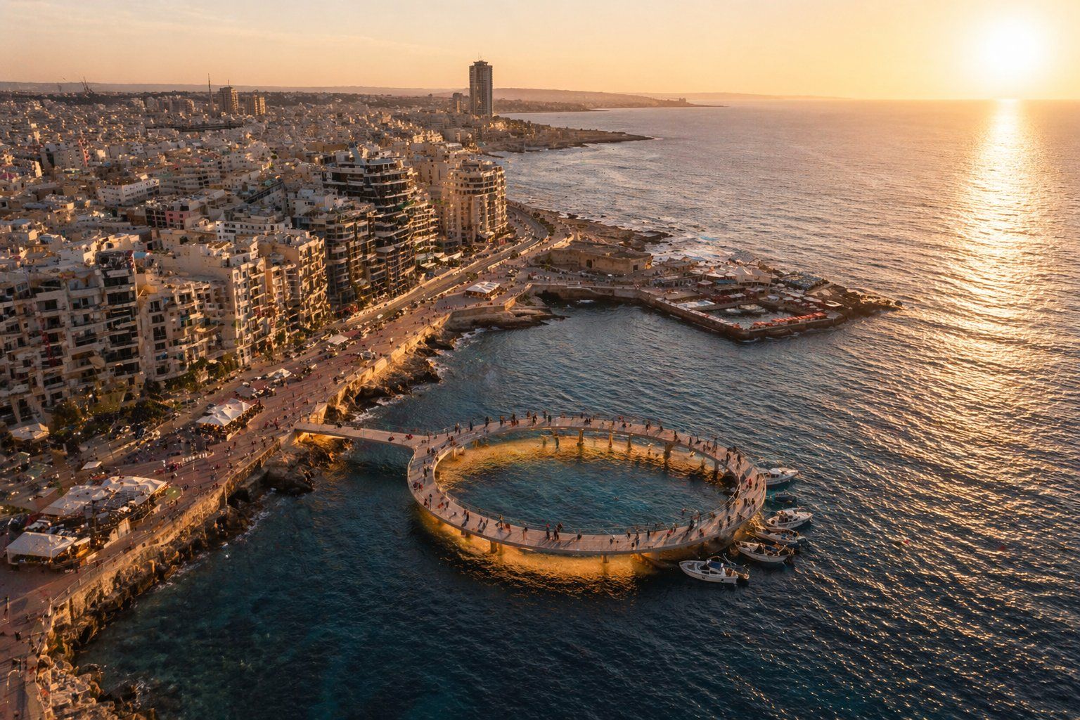 The Chalet site, Sliema seafront, sunset aerial — the proposed marine loop in context