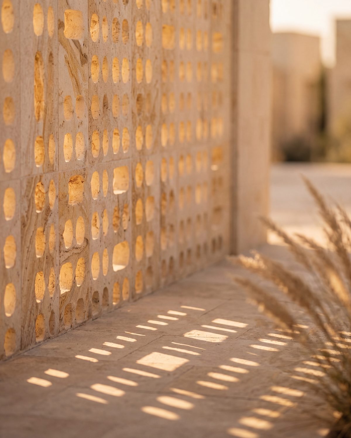 A perforated Globigerina limestone screen wall in late afternoon light, with shadows cast onto the paving