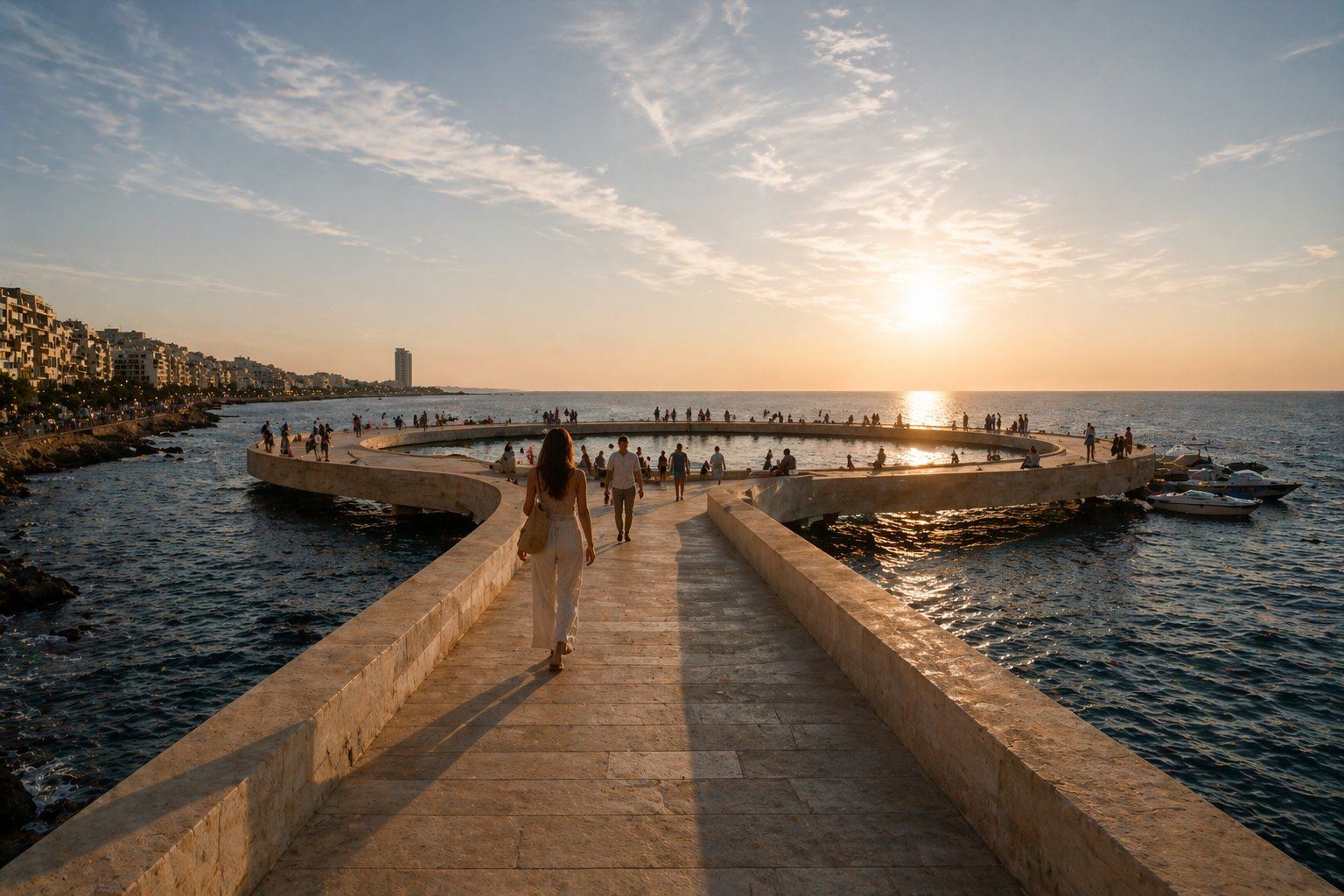 Couple walking the promenade extension onto the loop at sunset