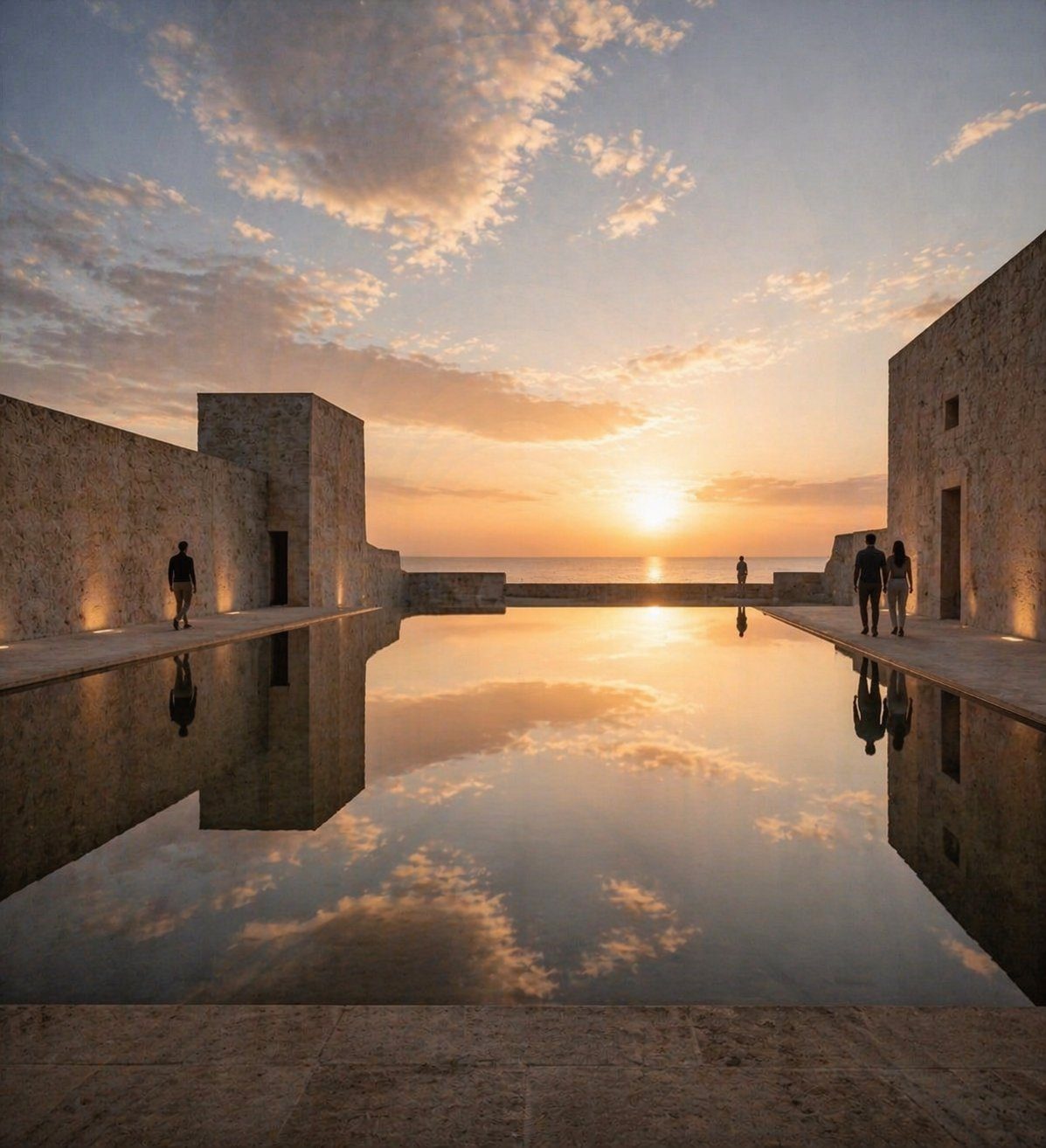 welcome courtyard — two stone volumes facing the sea