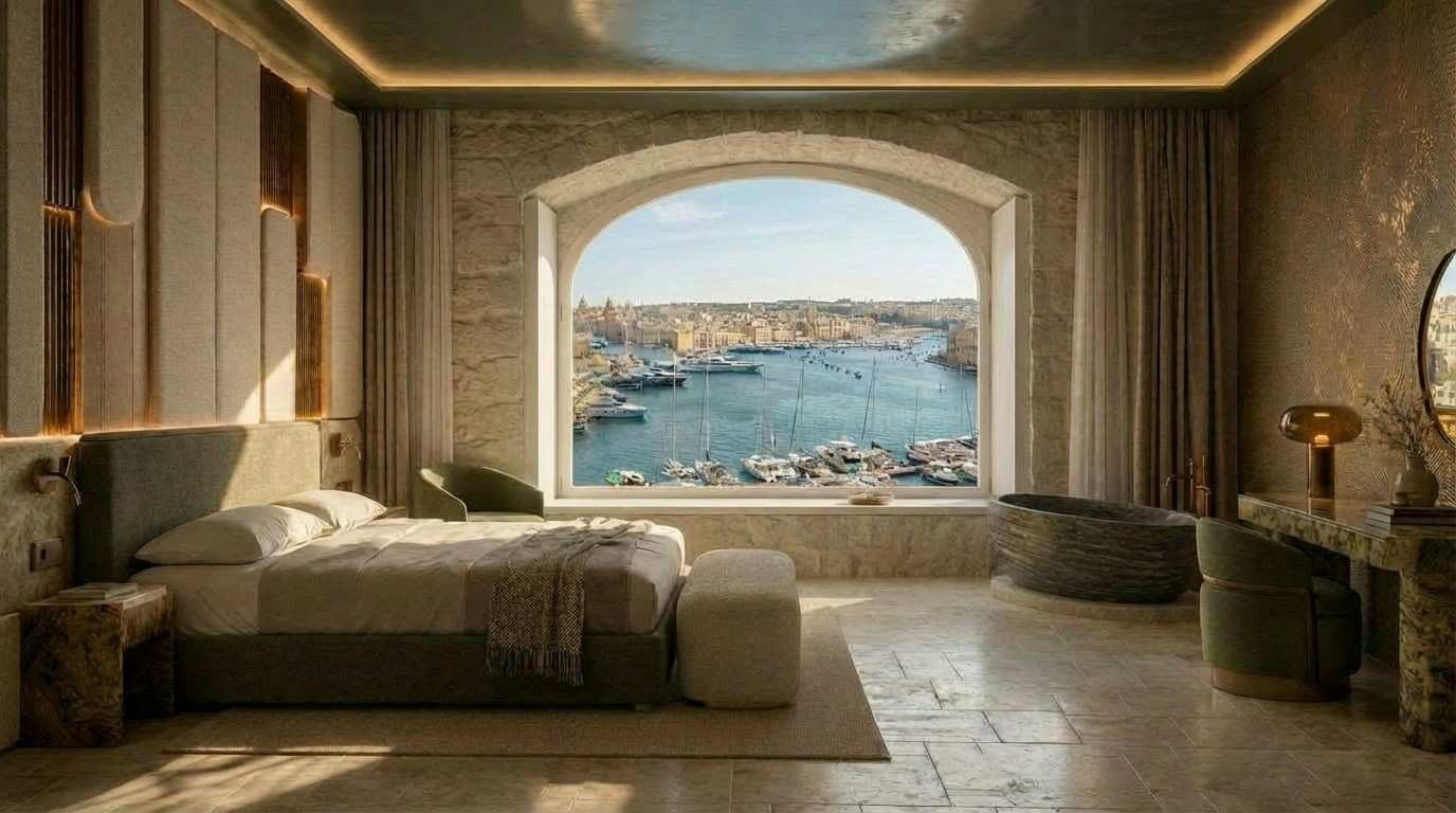 Suite — grand harbour view through stone arch