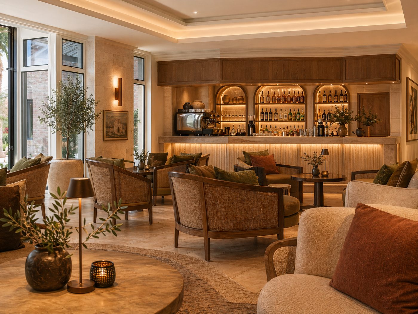 The bar in the west wing of the palace, lit at night