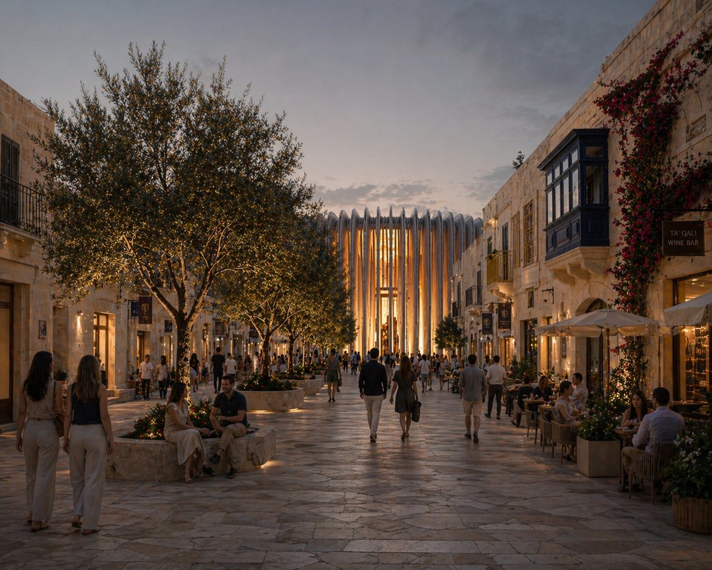 ta' qali, the cultural anchor seen from the village street at dusk