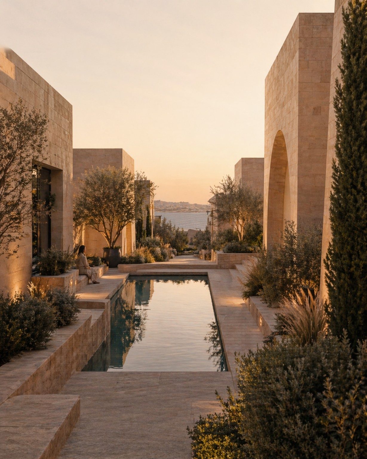 A villa courtyard with a long reflecting pool framing the view to the sea